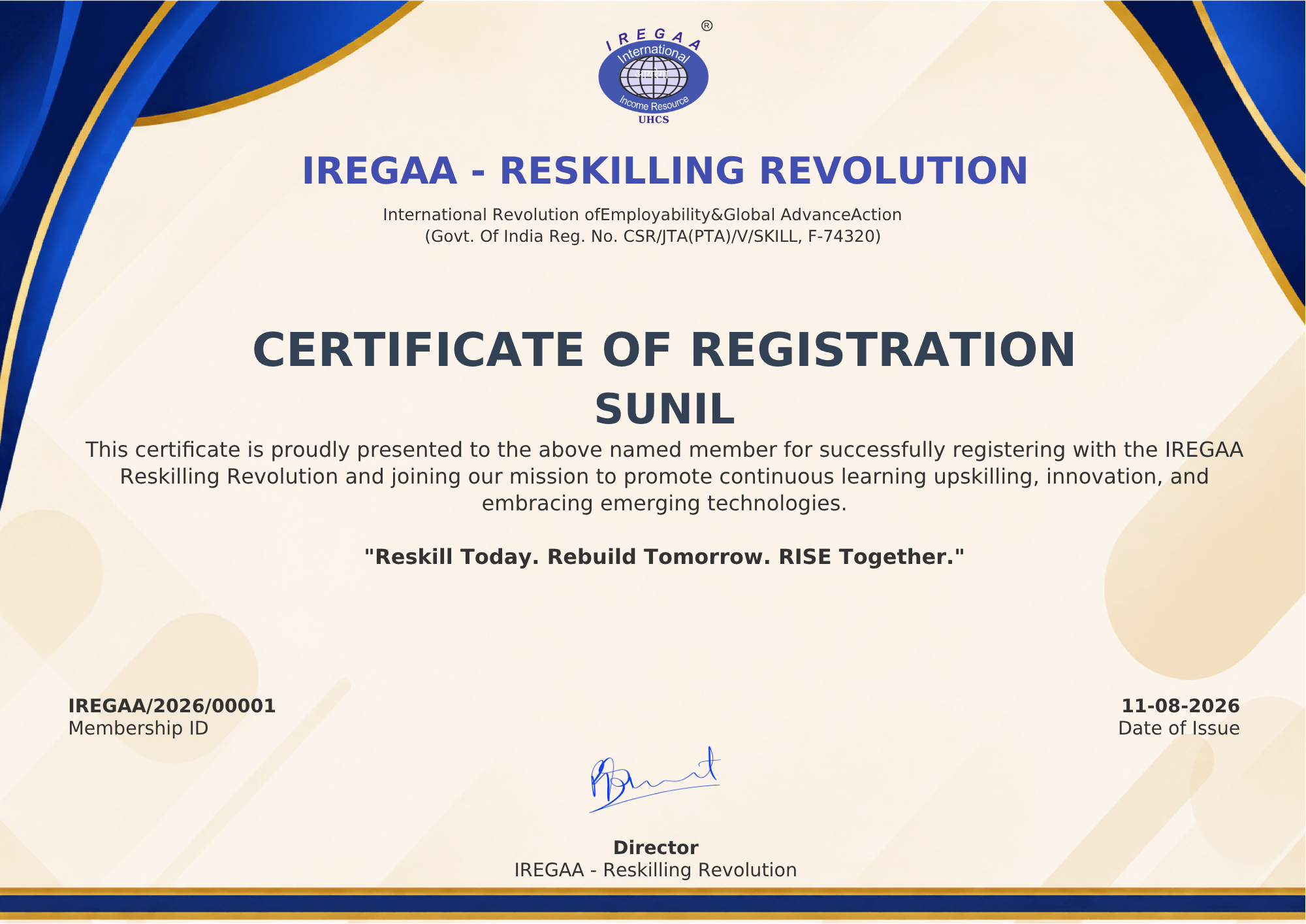 Sample IREGAA Premium Employee Registration Certificate